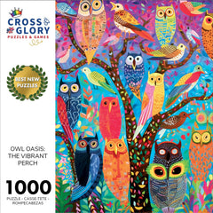Cross & Glory Owl Oasis vibrant-perch puzzle image showcases vivid colors and intricate details.