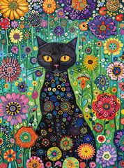 Cross & Glory Petals and the Midnight Cat puzzle cover image highlights a vibrant garden and dark feline centerpiece