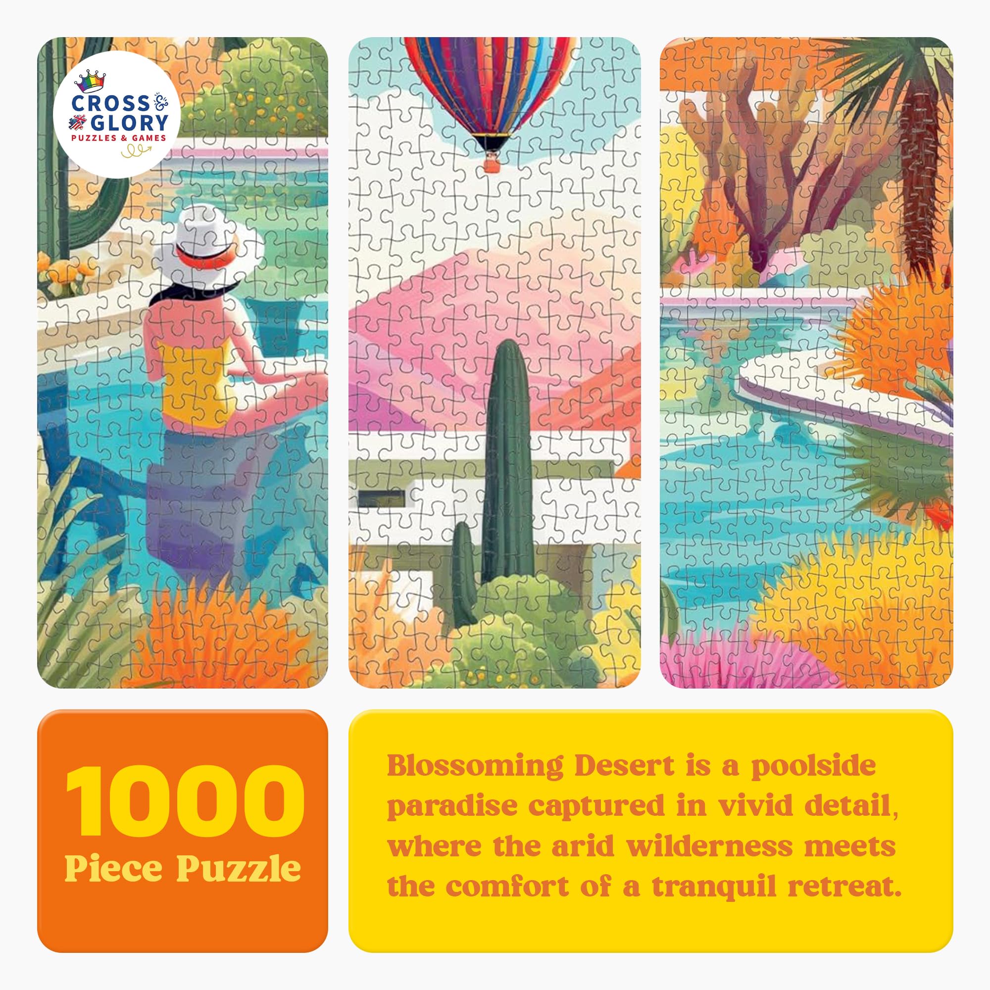 Cross & Glory puzzle poolside desert scene shows vibrant colors for immersive play.