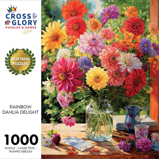 Cross & Glory Rainbow Dahlia Delight box close-up showing premium packaging.