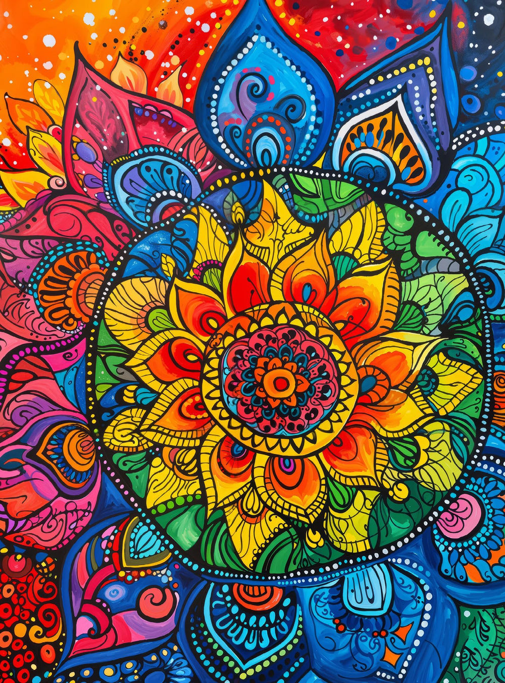 Cross & Glory Rainbow Mandala Mirage puzzle: vibrant colors for family evenings.