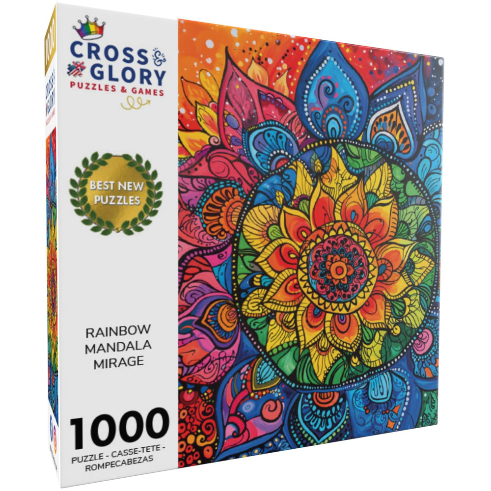 Cross & Glory Rainbow Mandala Mirage puzzle pieces forming a kaleidoscopic design.