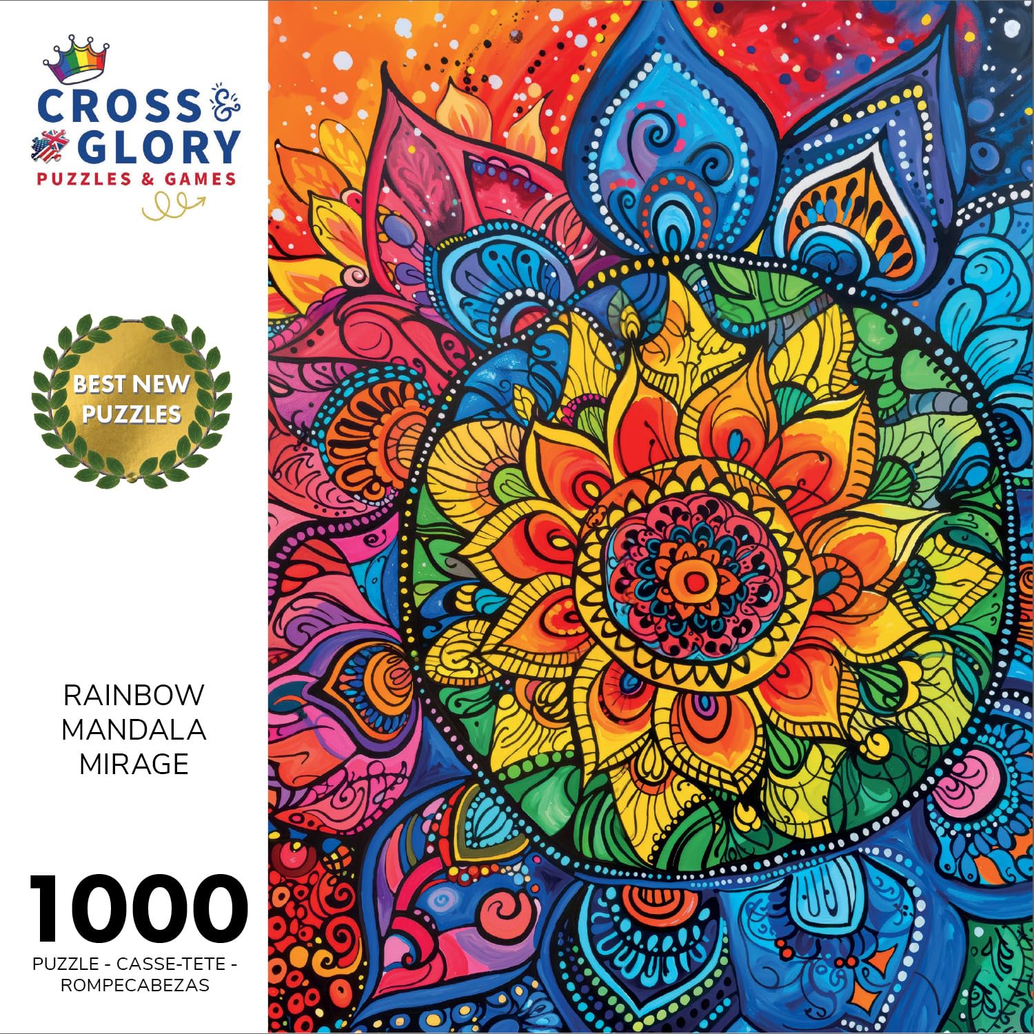Cross & Glory Rainbow Mandala Mirage puzzle showing bold mandala details for focus.
