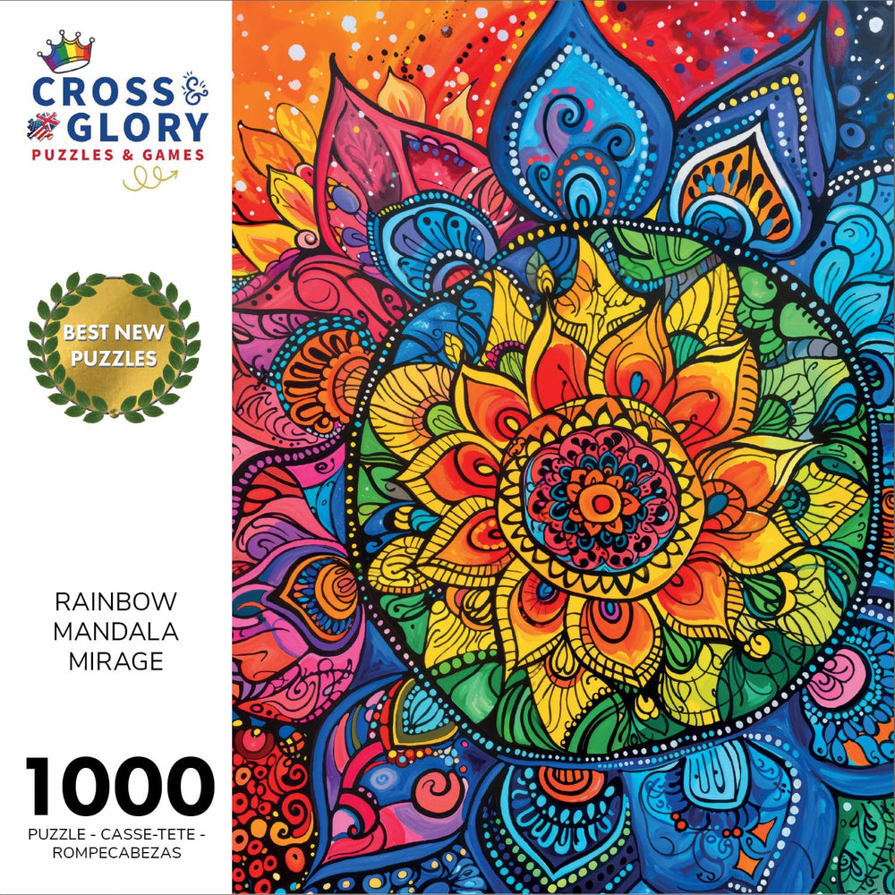 Cross & Glory Rainbow Mandala Mirage puzzle showing bold mandala details for focus.