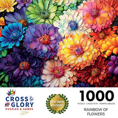 Cross & Glory Rainbow of Flowers puzzle colors closeup highlights vivid petals and intricate piece edges.