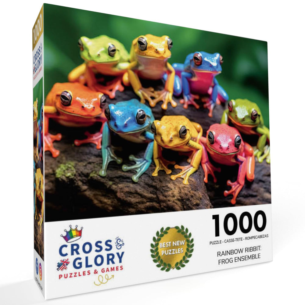 Cross & Glory Rainbow Ribbit close-up, red and blue frogs show premium puzzle detail