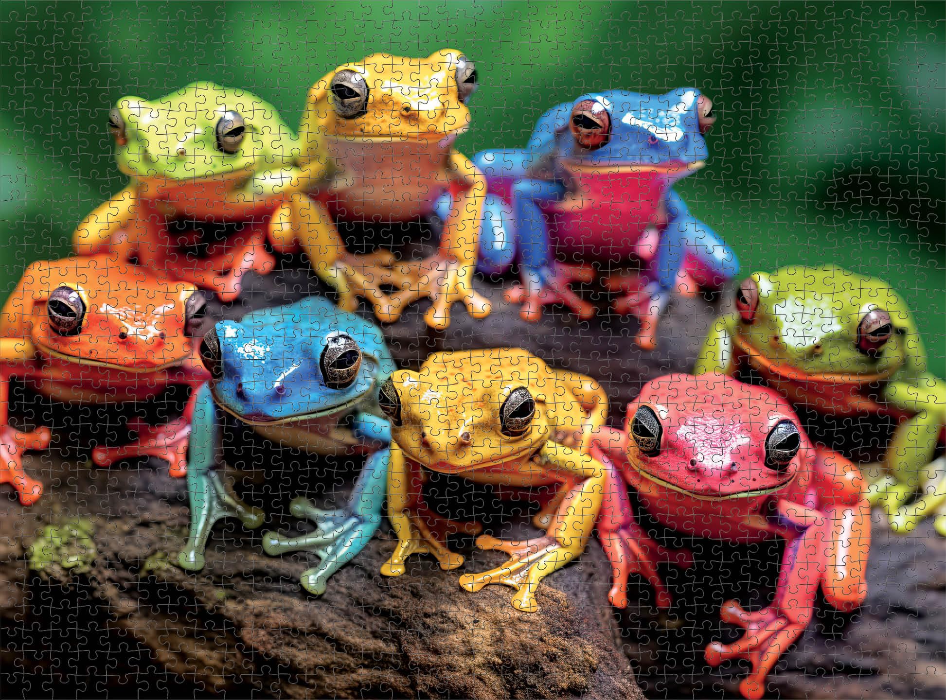 Cross & Glory Rainbow Ribbit green-orange-yellow frogs against lush backdrop