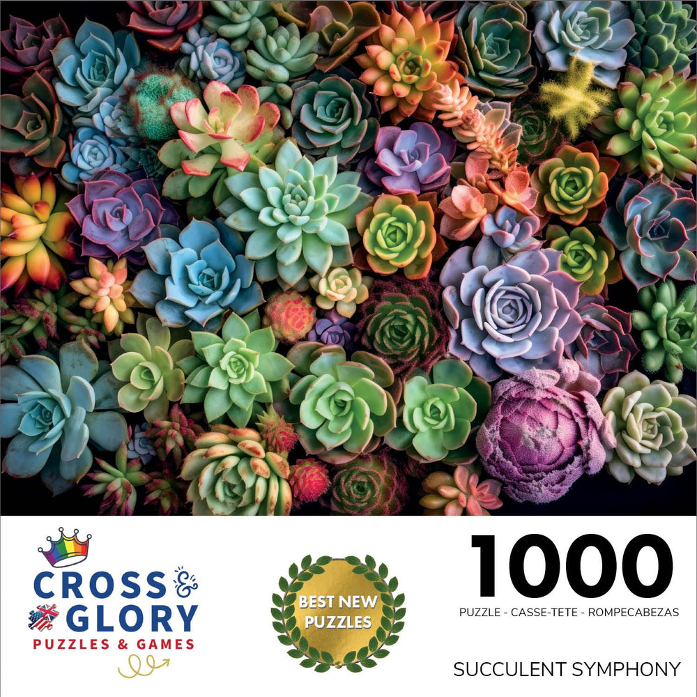 Cross and Glory Succulent Symphony colorful artwork brightens shelves and inspires weekend puzzle sessions.