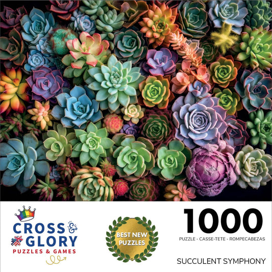 Cross and Glory Succulent Symphony colorful artwork brightens shelves and inspires weekend puzzle sessions.