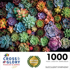 Cross and Glory Succulent Symphony colorful artwork brightens shelves and inspires weekend puzzle sessions.