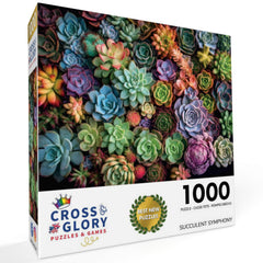 Cross and Glory Succulent Symphony puzzle pieces close-up reveals intricate details for immersive leisure.