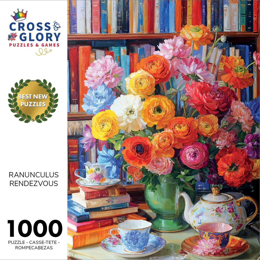 Cross and Glory Tea set and flowers close-up for a calming puzzle experience