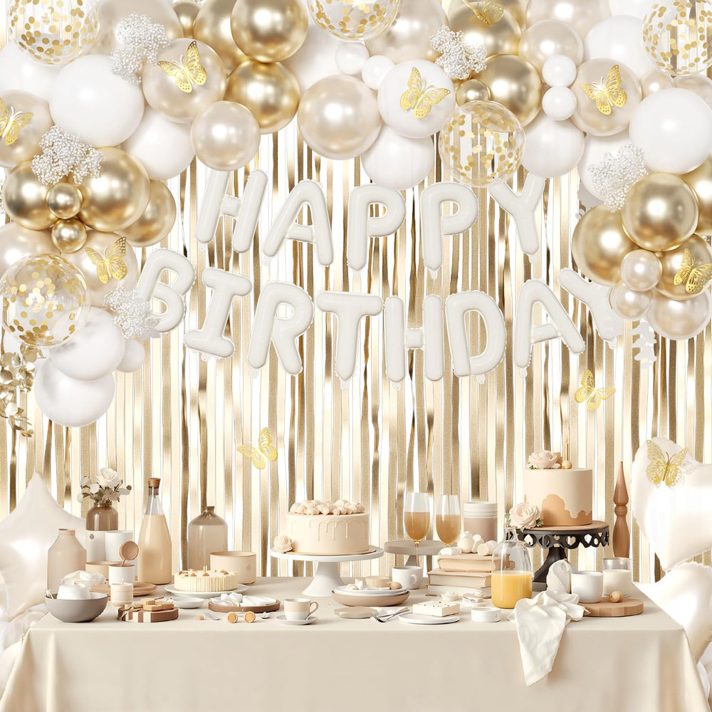 CROSSFINGERS beige happy birthday foil balloons blend warmth and chic style.