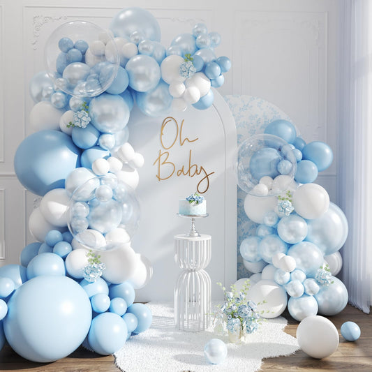 CROSSFINGERS blue balloon arch kit ready for party setup and photo backdrop.