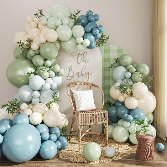 CROSSFINGERS dusty blue sage green arch kit assembled for a chic party backdrop