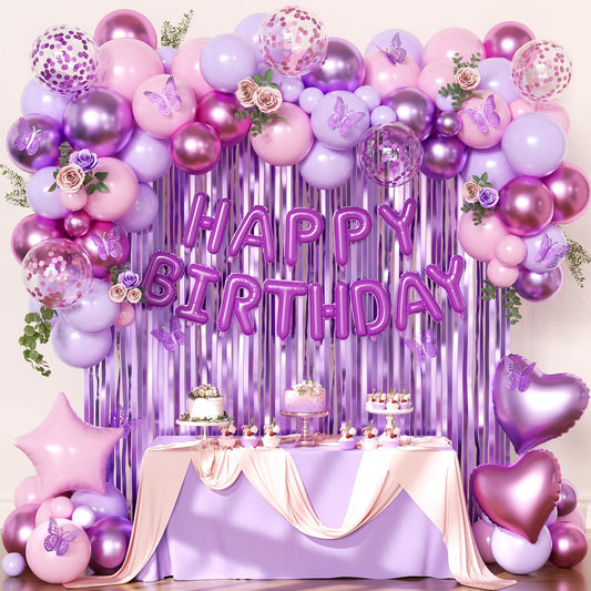 CrossFingers purple-pink birthday banner creates a stylish photo backdrop for parties