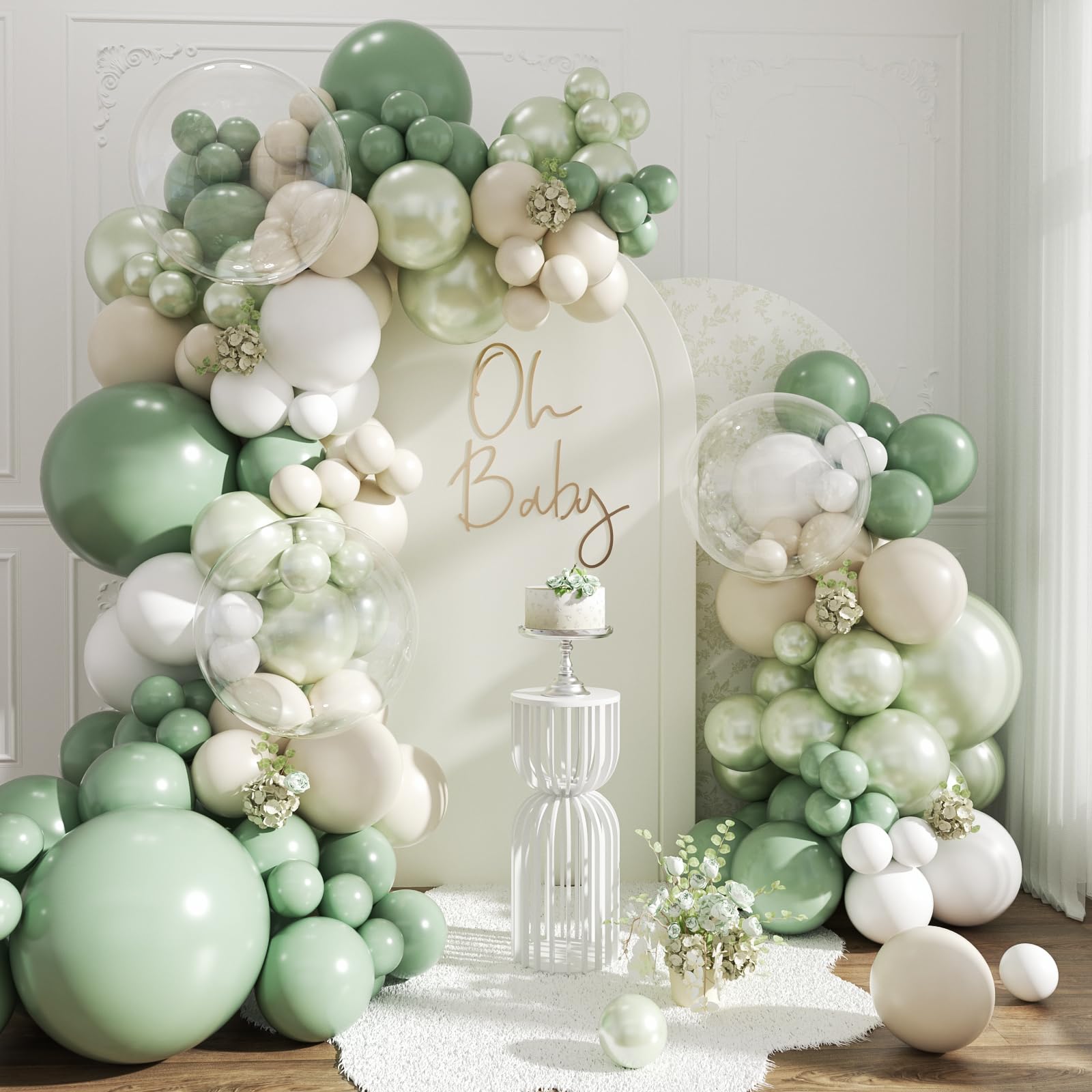 Crossfingers sage green balloon arch kit contents for seamless DIY decor.