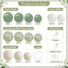 Crossfingers sage green balloons with sand white shades suit weddings.