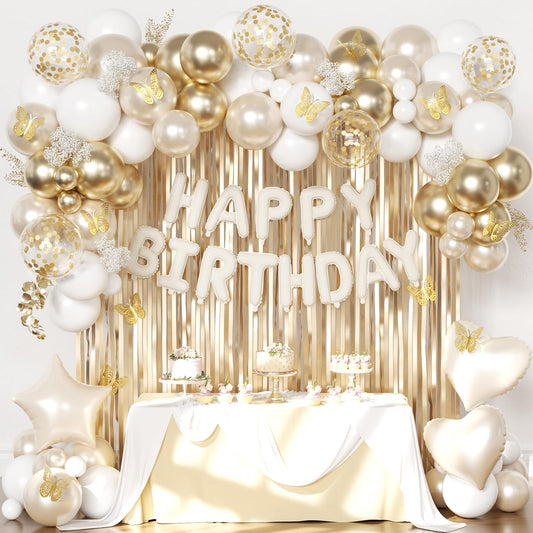 CROSSFINGERS white and gold foil fringe curtain creates an elegant birthday backdrop.