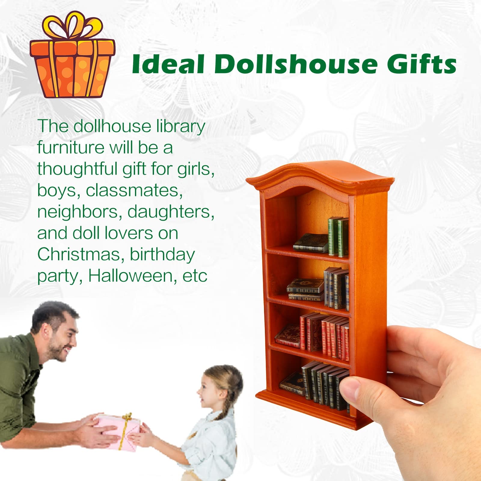 Crtiin dollhouse library display featuring mini books and shelf