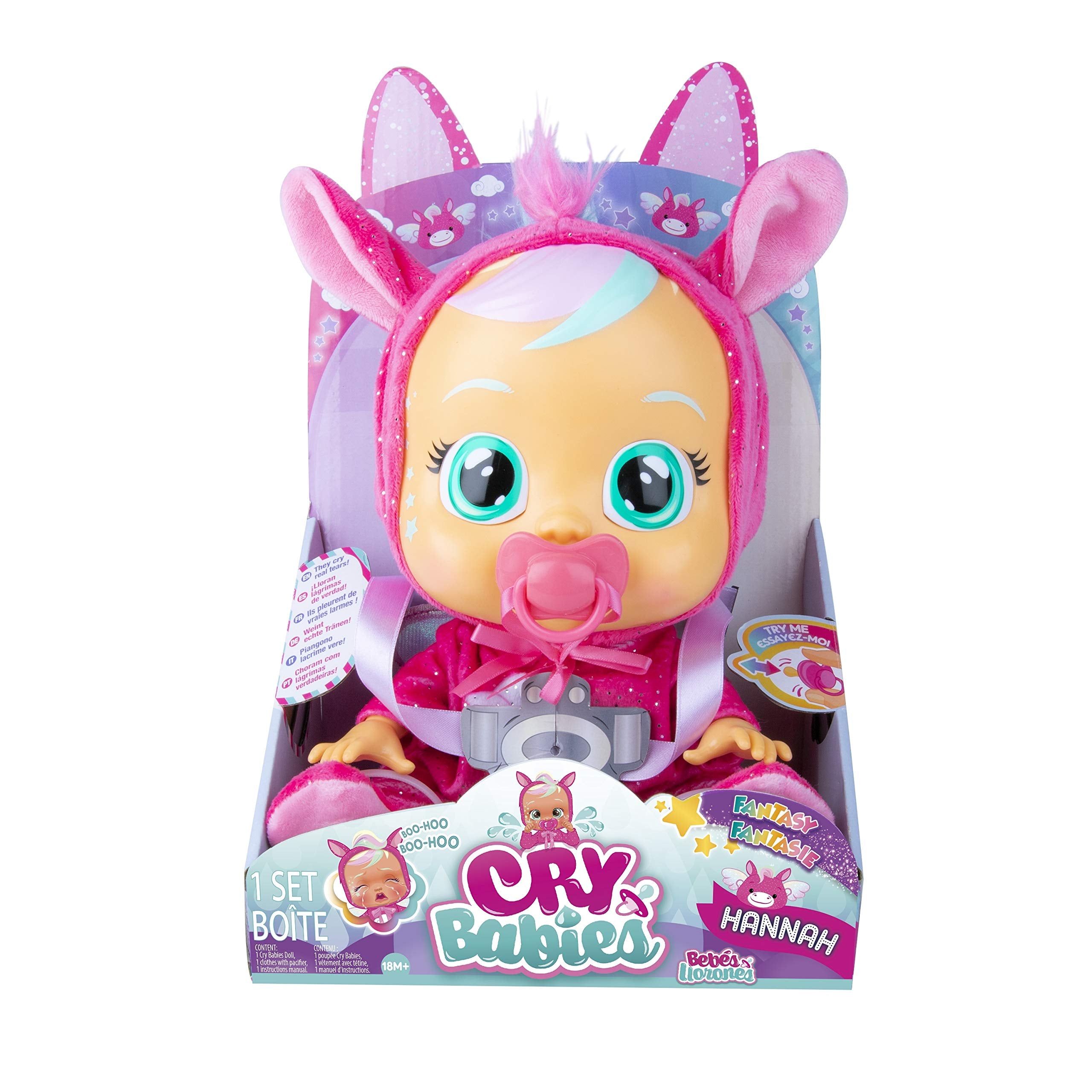 Cry Babies Hannah includes attached pacifier and changeable animal-print onesie for versatile scenes.