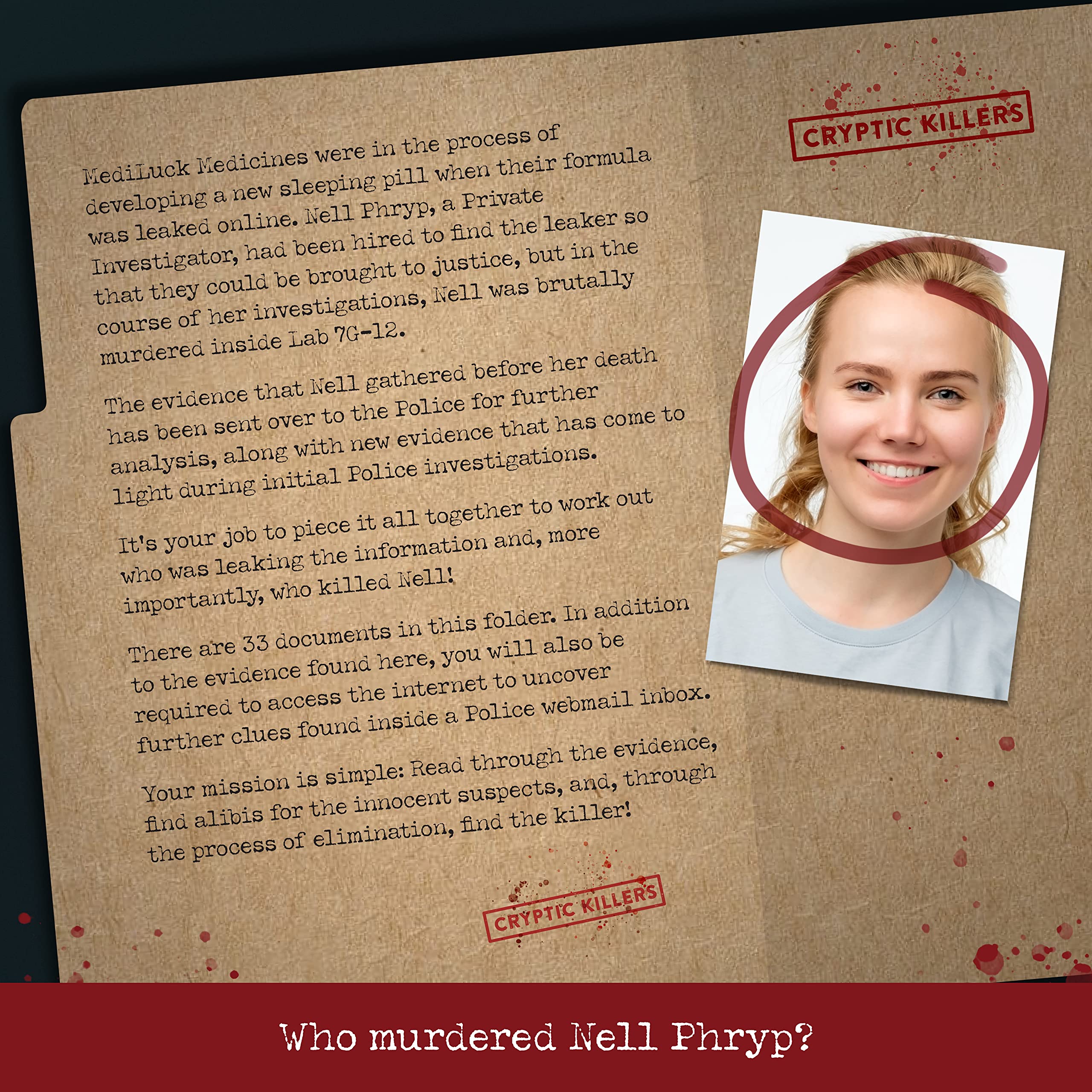 Cryptic Killers evidence photos and blueprints for realistic clues during game night.