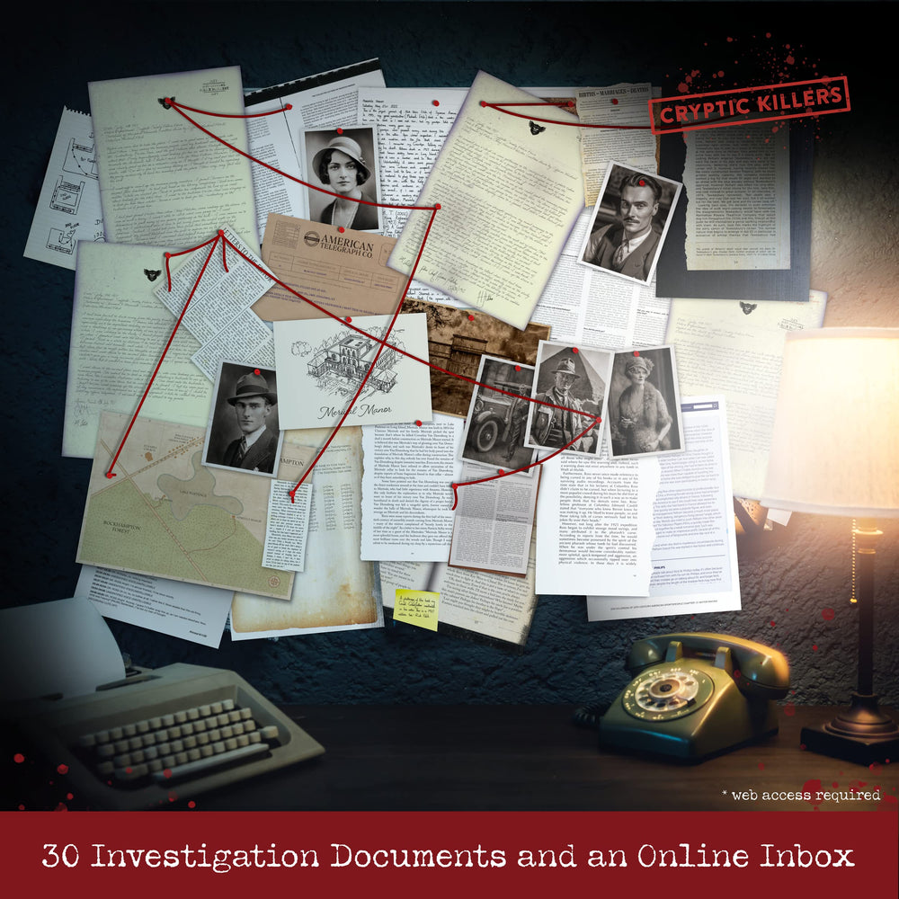 Cryptic Killers online inbox visual invites players to test alibis.