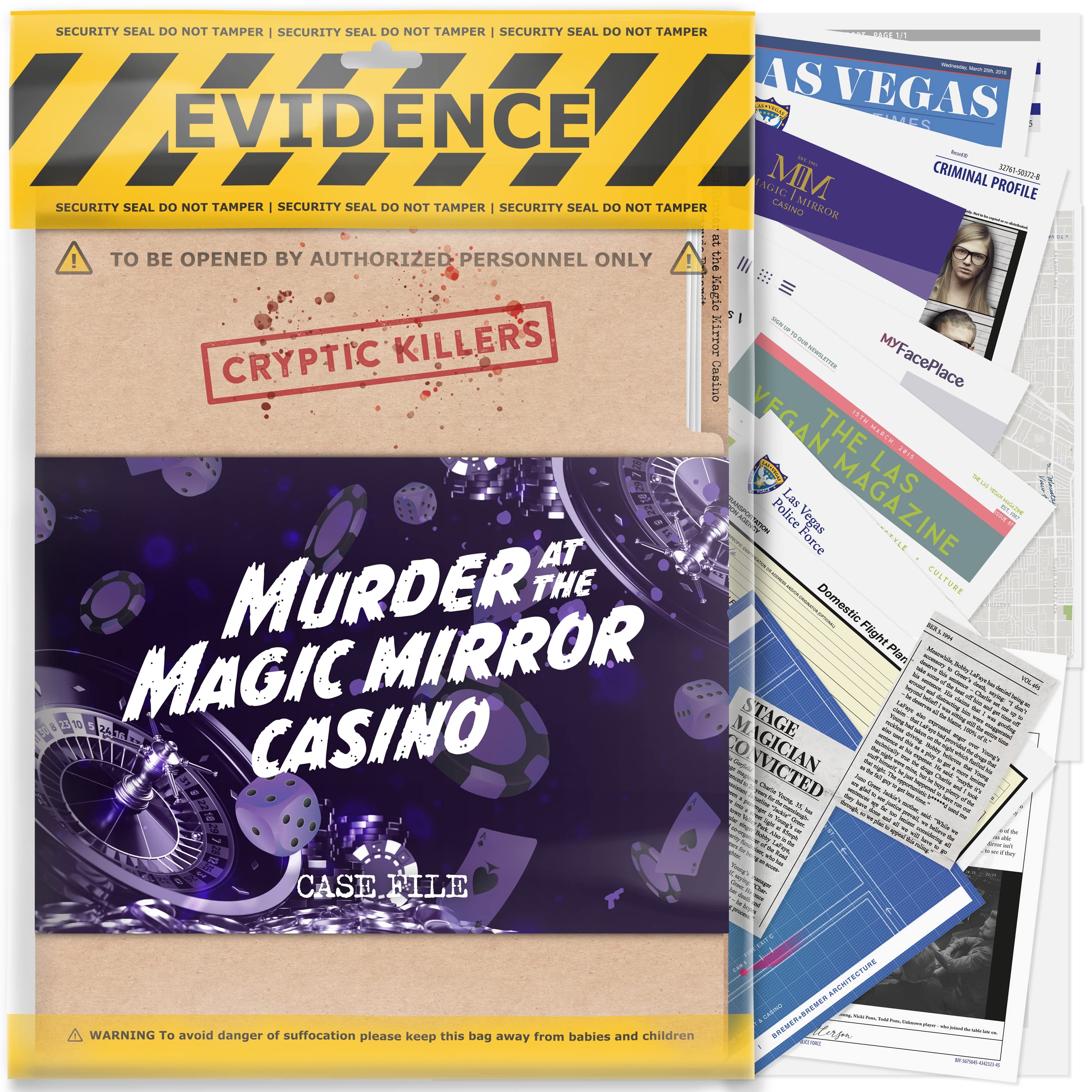 Cryptic Killers murder at the Magic Mirror Casino box cover showing immersive detective setup