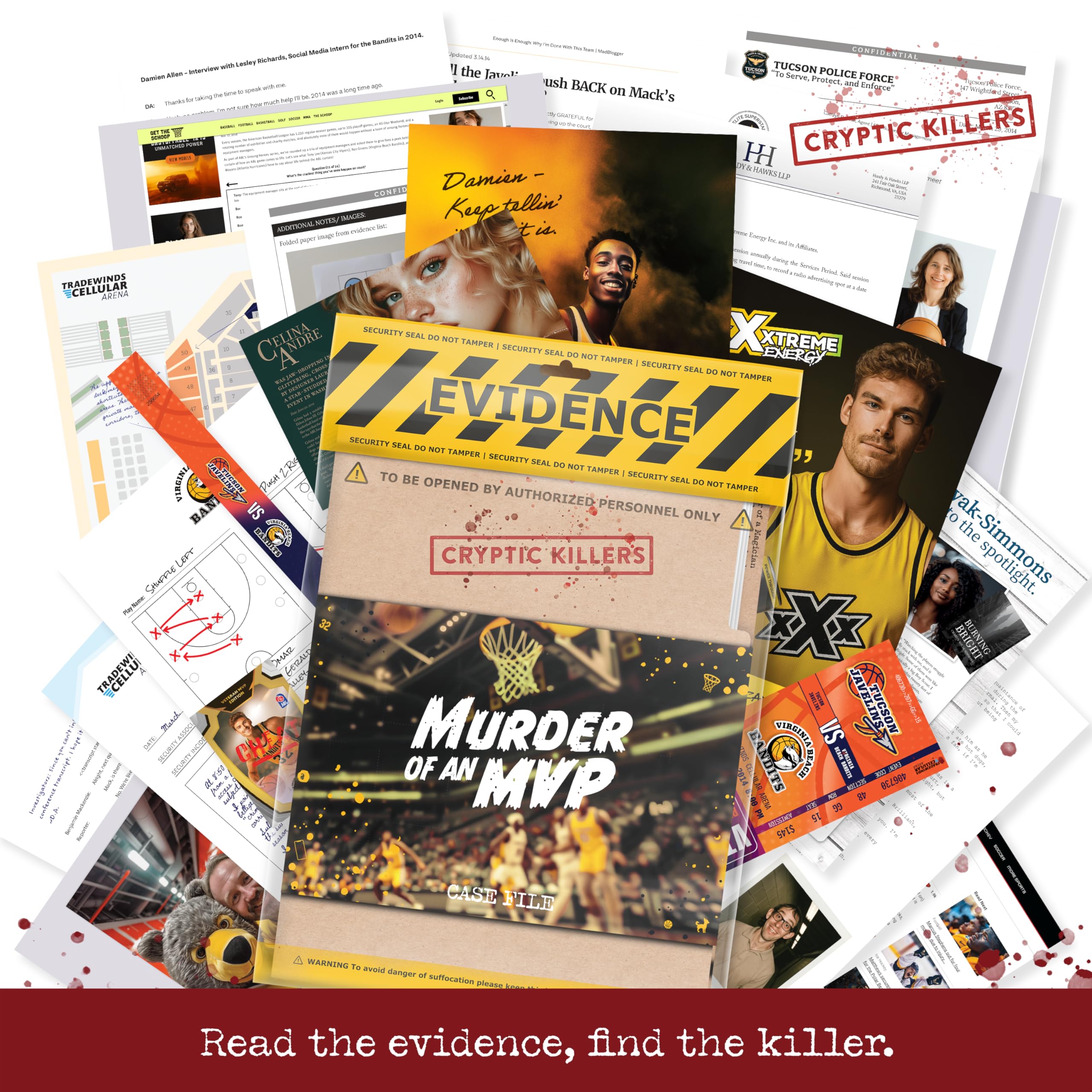 Photographs and suspect statements from the Cryptic Killers case file for analysis.