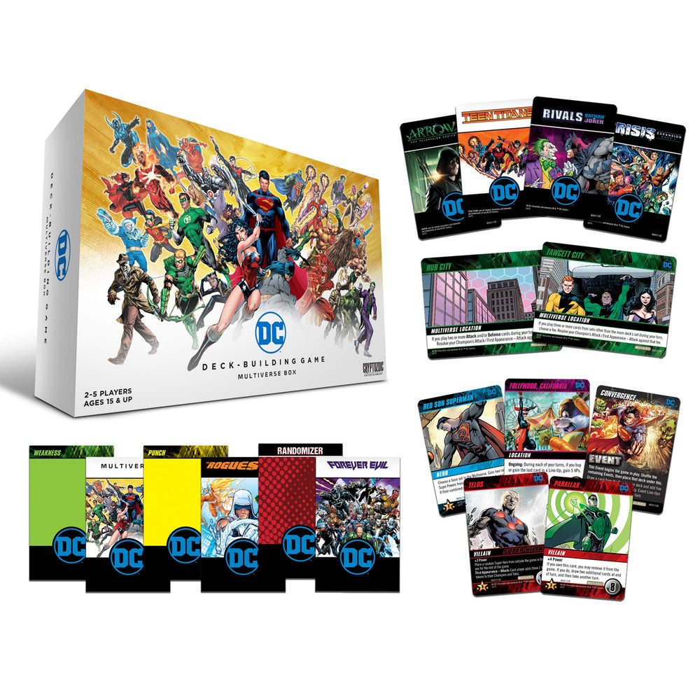 Cryptozoic DC Multiverse Box opened to reveal the Crossover Pack for quick setup.