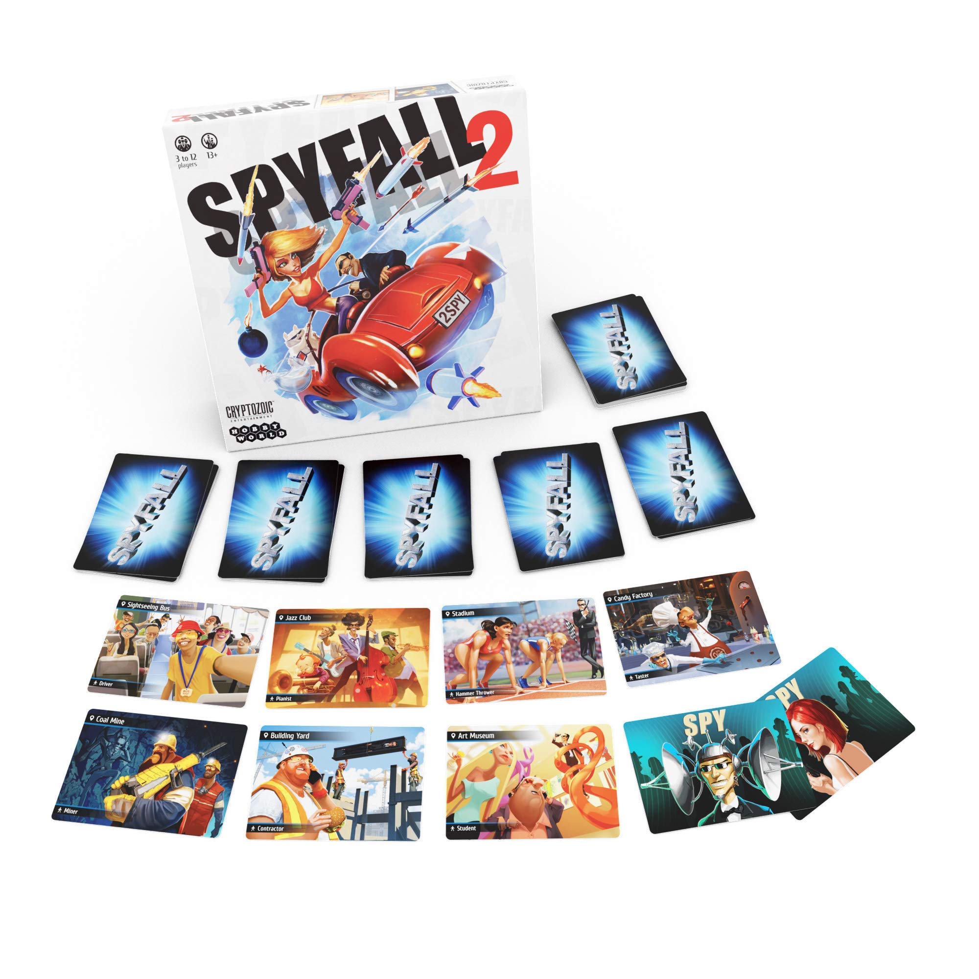 Cryptozoic Spyfall 2 components laid out for quick setup.