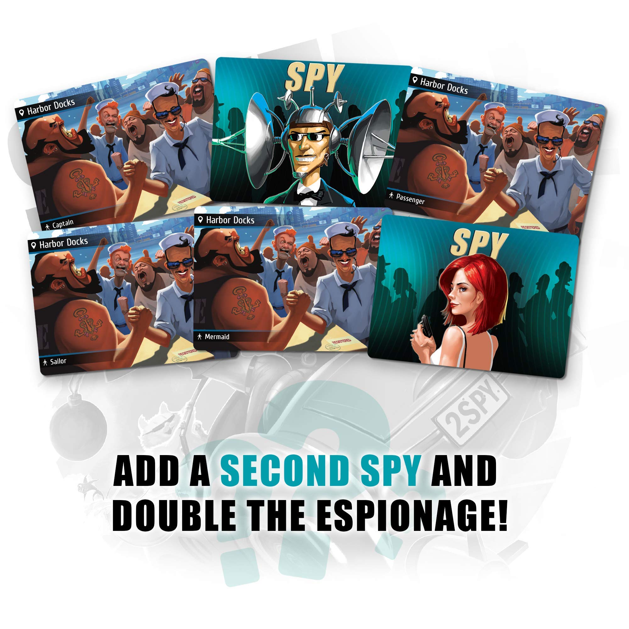 Cryptozoic Spyfall 2 location cards spread for bluffing.