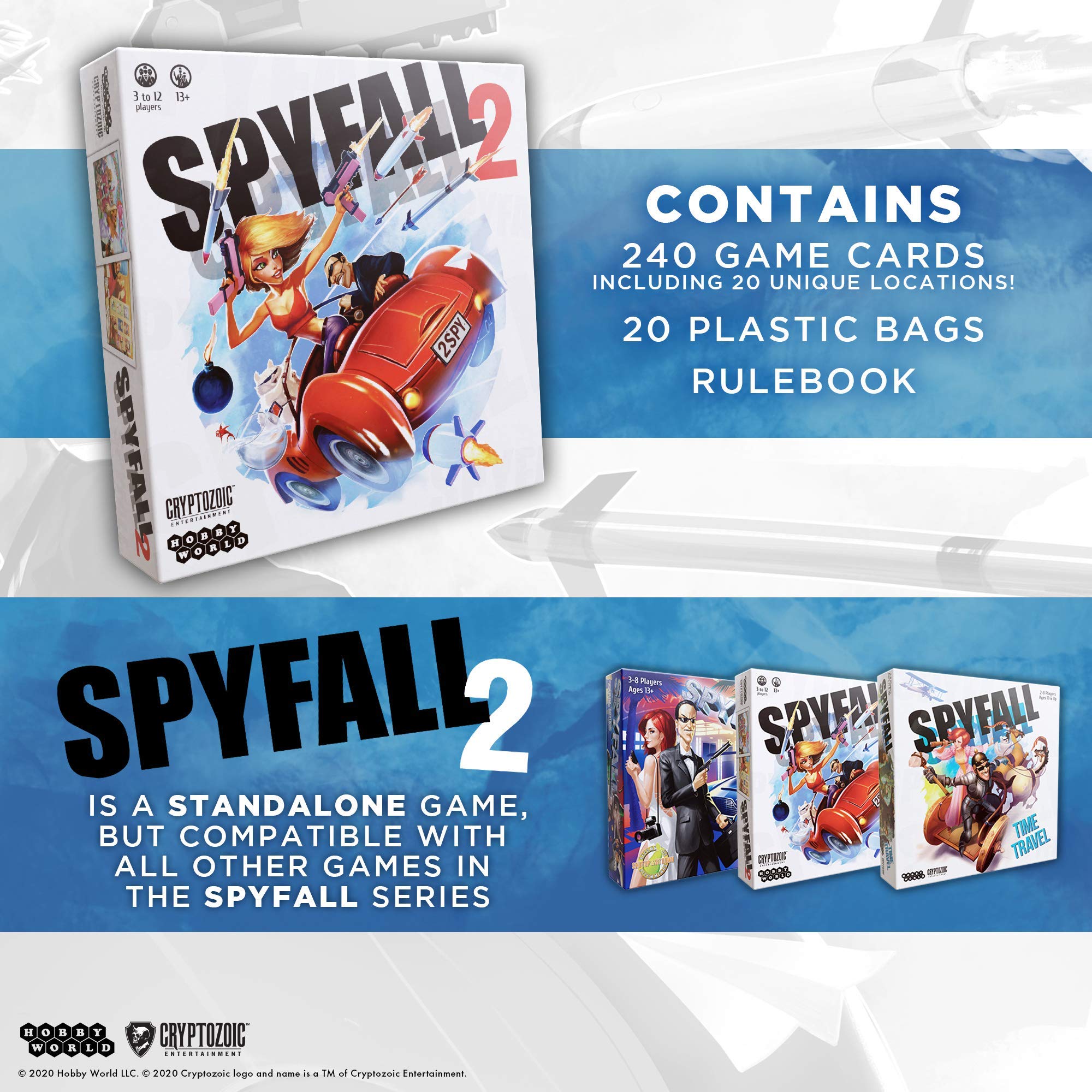Cryptozoic Spyfall 2 players around a table during eight-minute rounds.