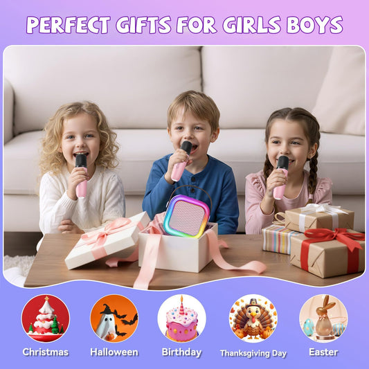 CscyyAmz kids karaoke system in pink with mic trio for playtime