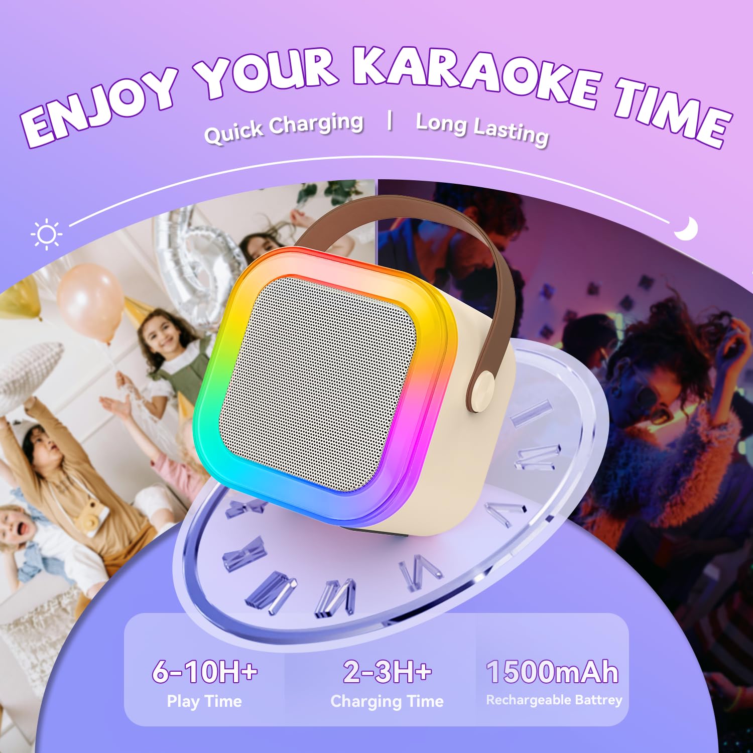 CscyyAmz mini karaoke machine LED lights create immersive party atmosphere.