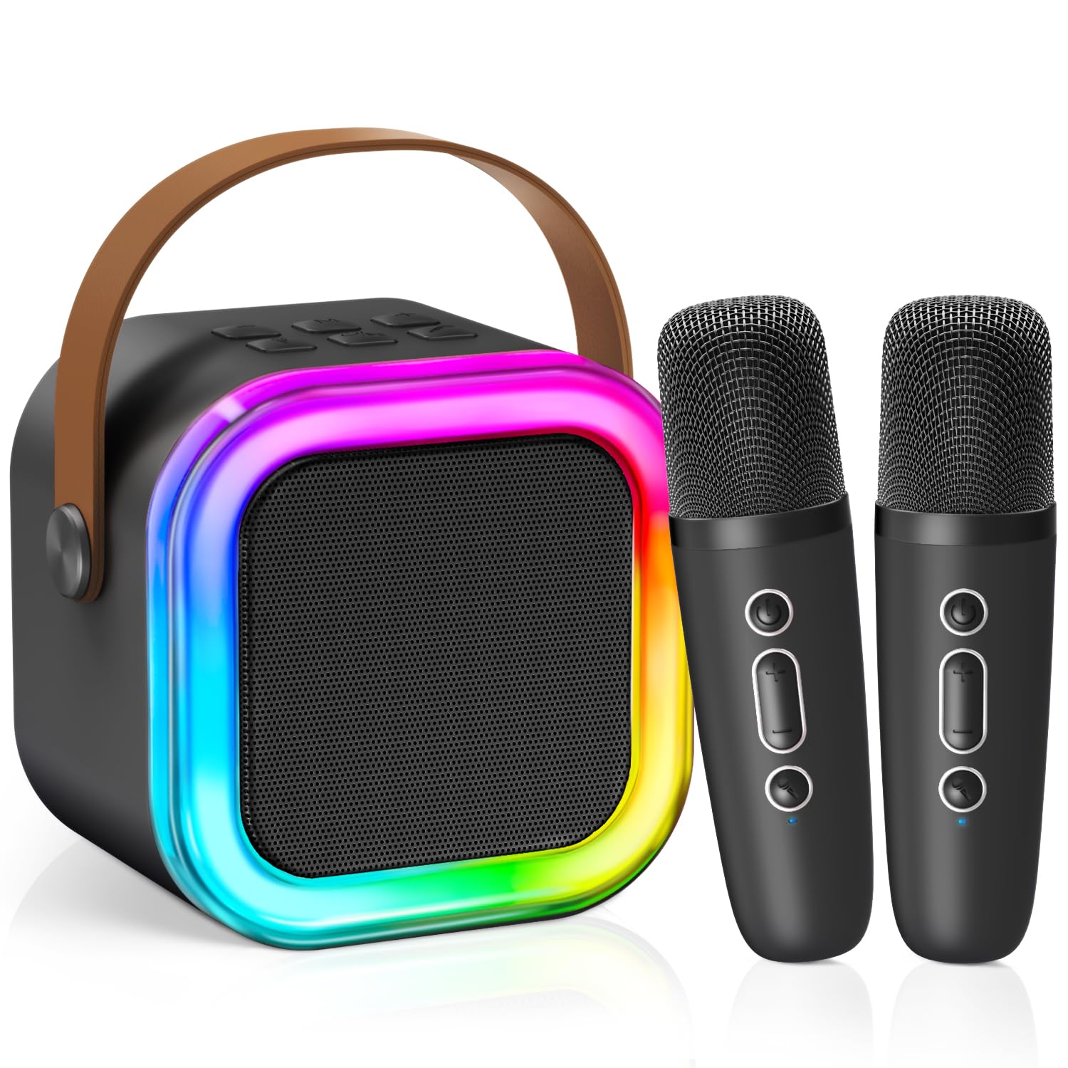 CscyyAmz mini karaoke machine with two mics, ideal for kids and duets.