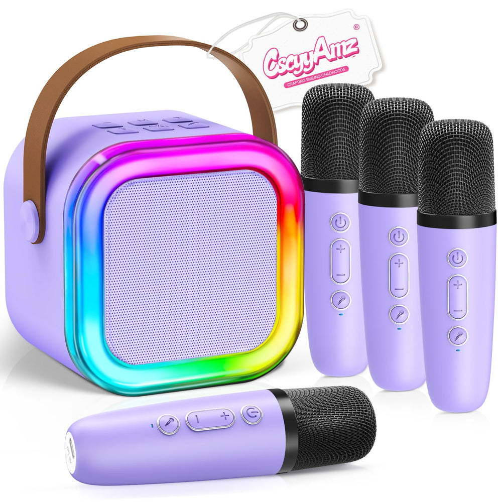 CscyyAmz upgraded mini karaoke four mics purple for family sing-alongs anywhere.
