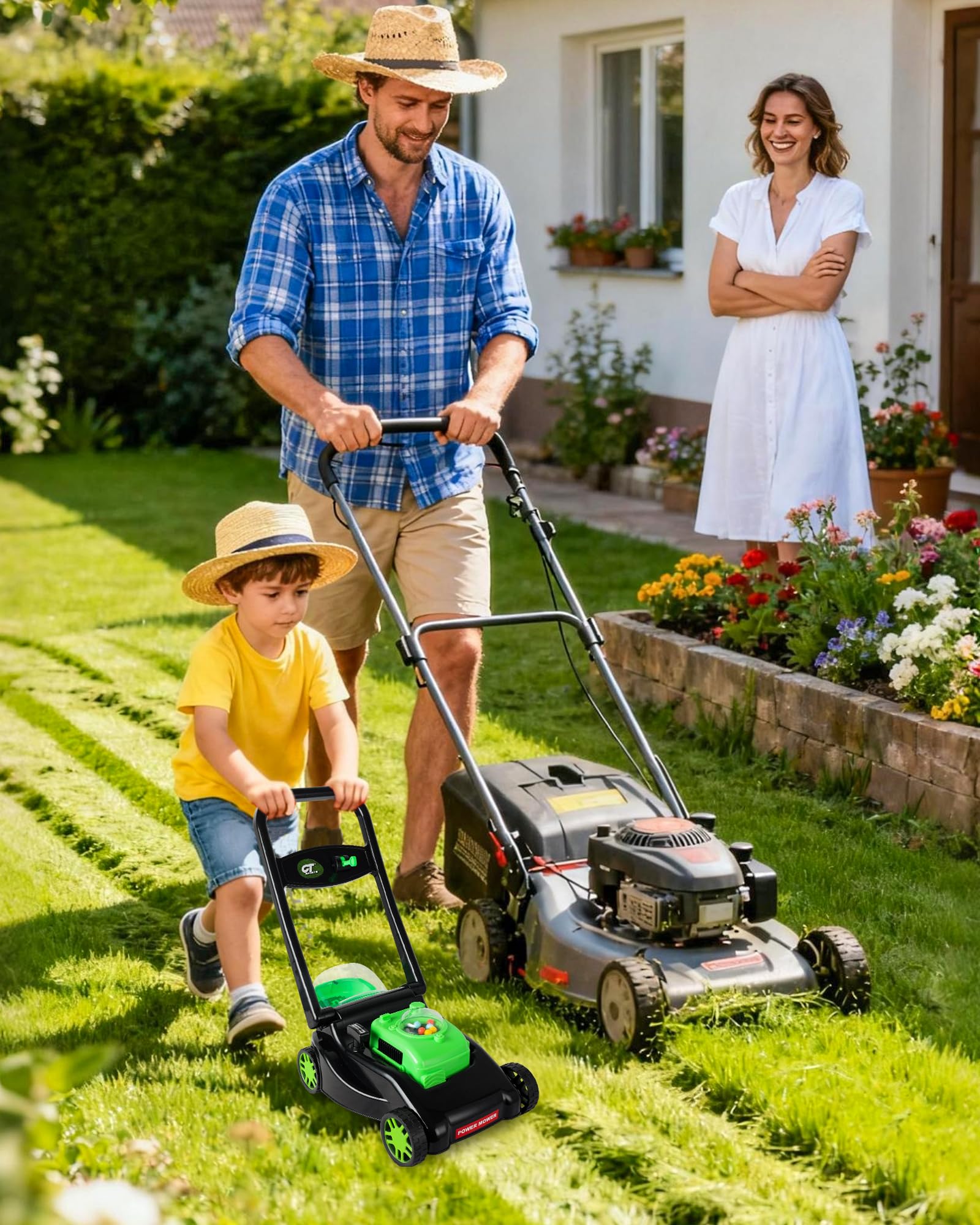 CT SPORTS lawn mower emits mechanical sounds without batteries for engaging pretend gardening.