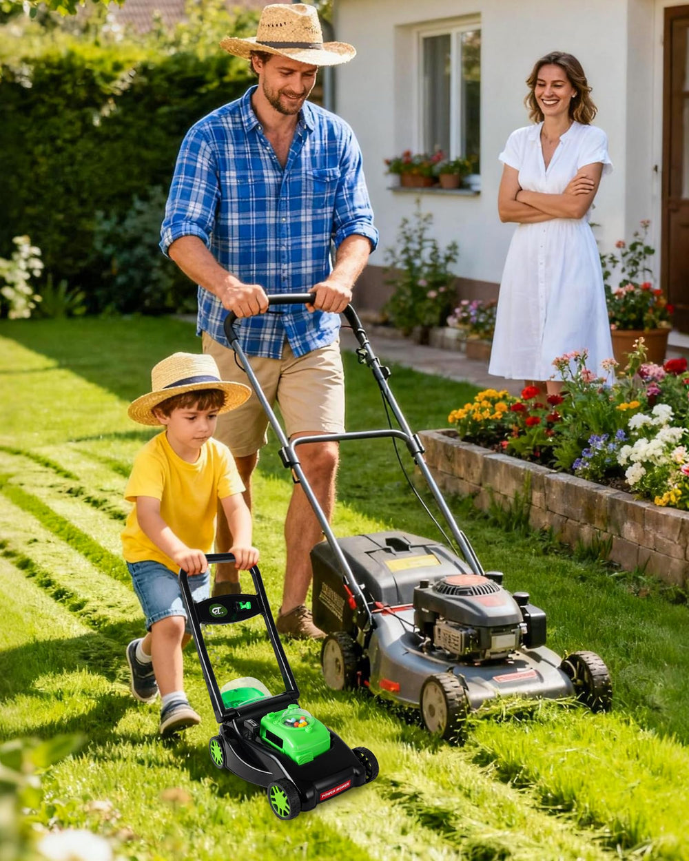 CT SPORTS lawn mower emits mechanical sounds without batteries for engaging pretend gardening.