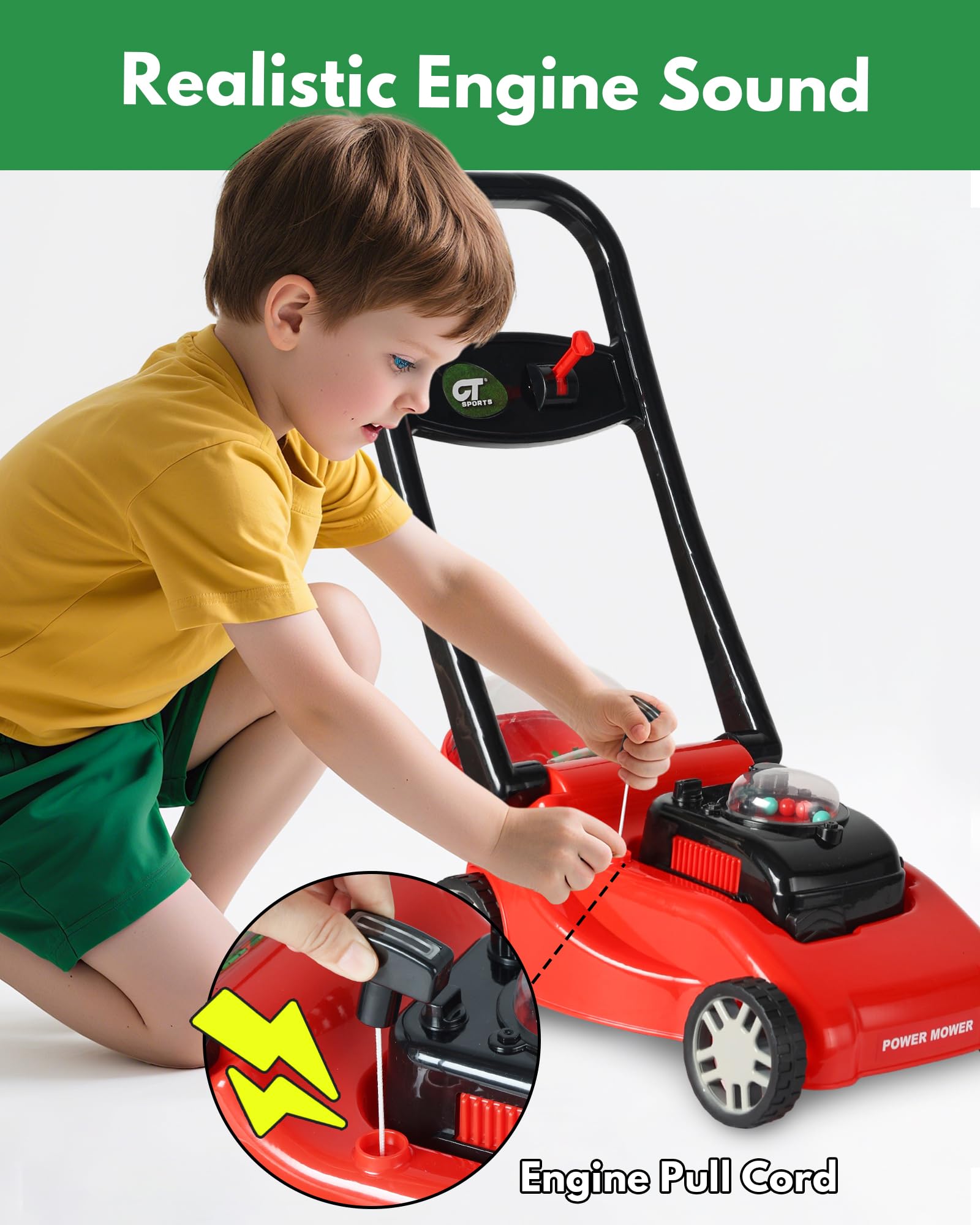 CT SPORTS Outdoorsy Kids Lawn Mower in play setting for outdoor fun