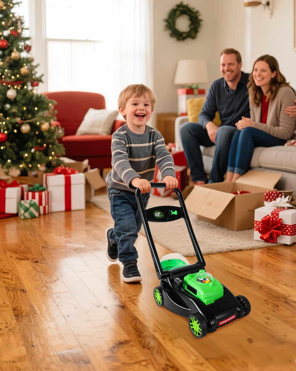 CT SPORTS lawn mower features pull engine cord and beads for interactive holiday play.