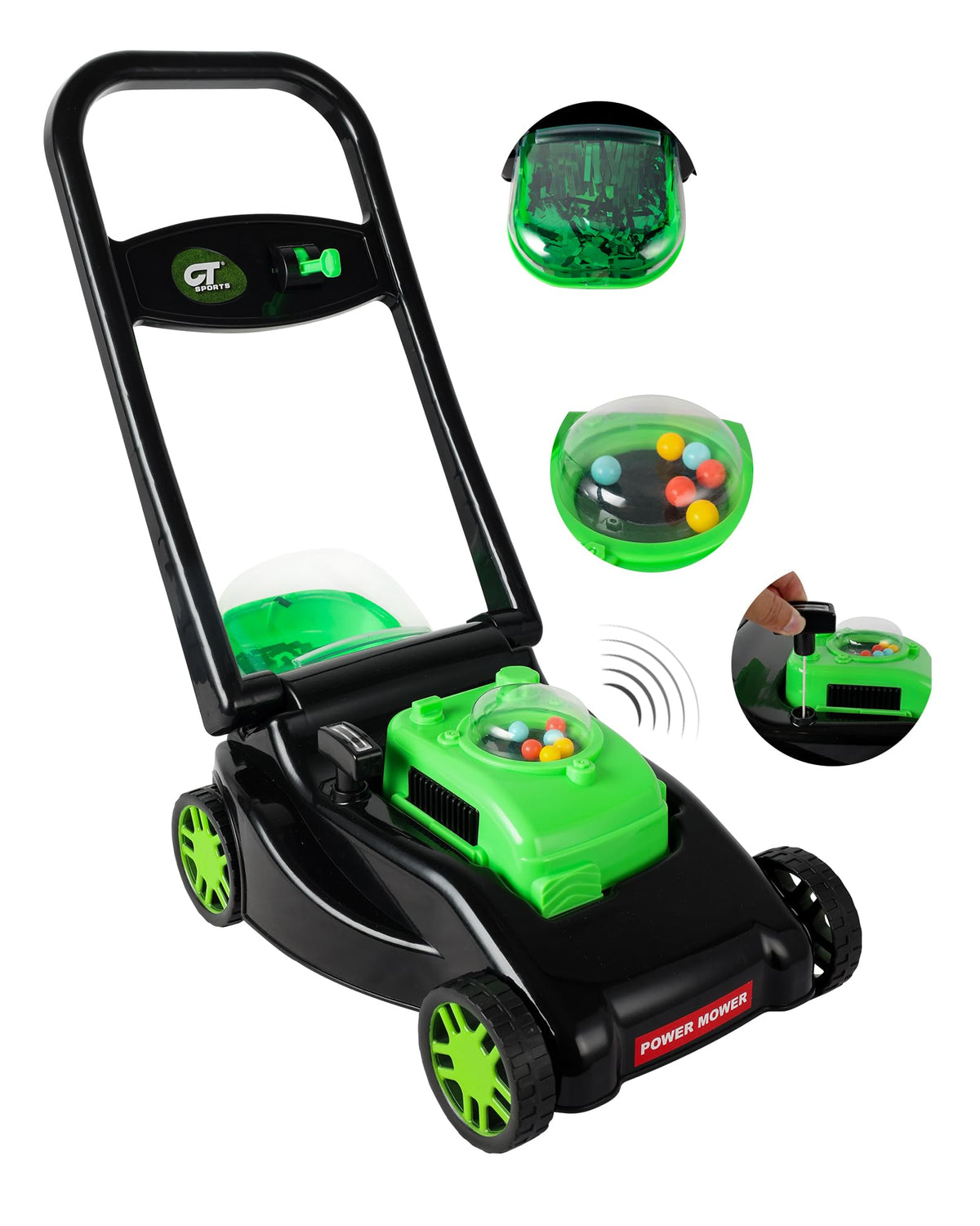 CT SPORTS kids lawn mower with realistic mowing action invites imaginative outdoor play.