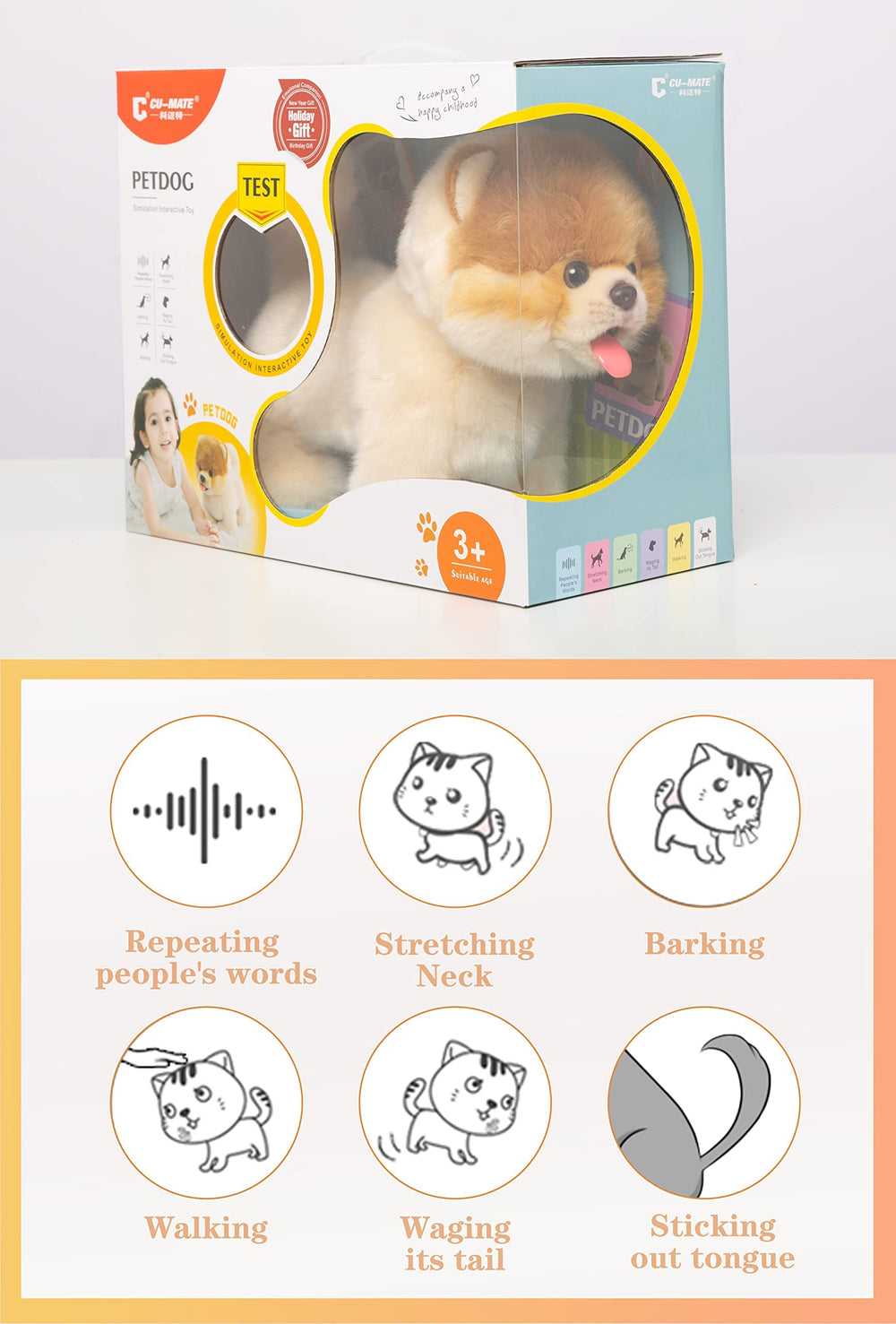 CU-MATE interactive puppy robot showing walking and barking features.