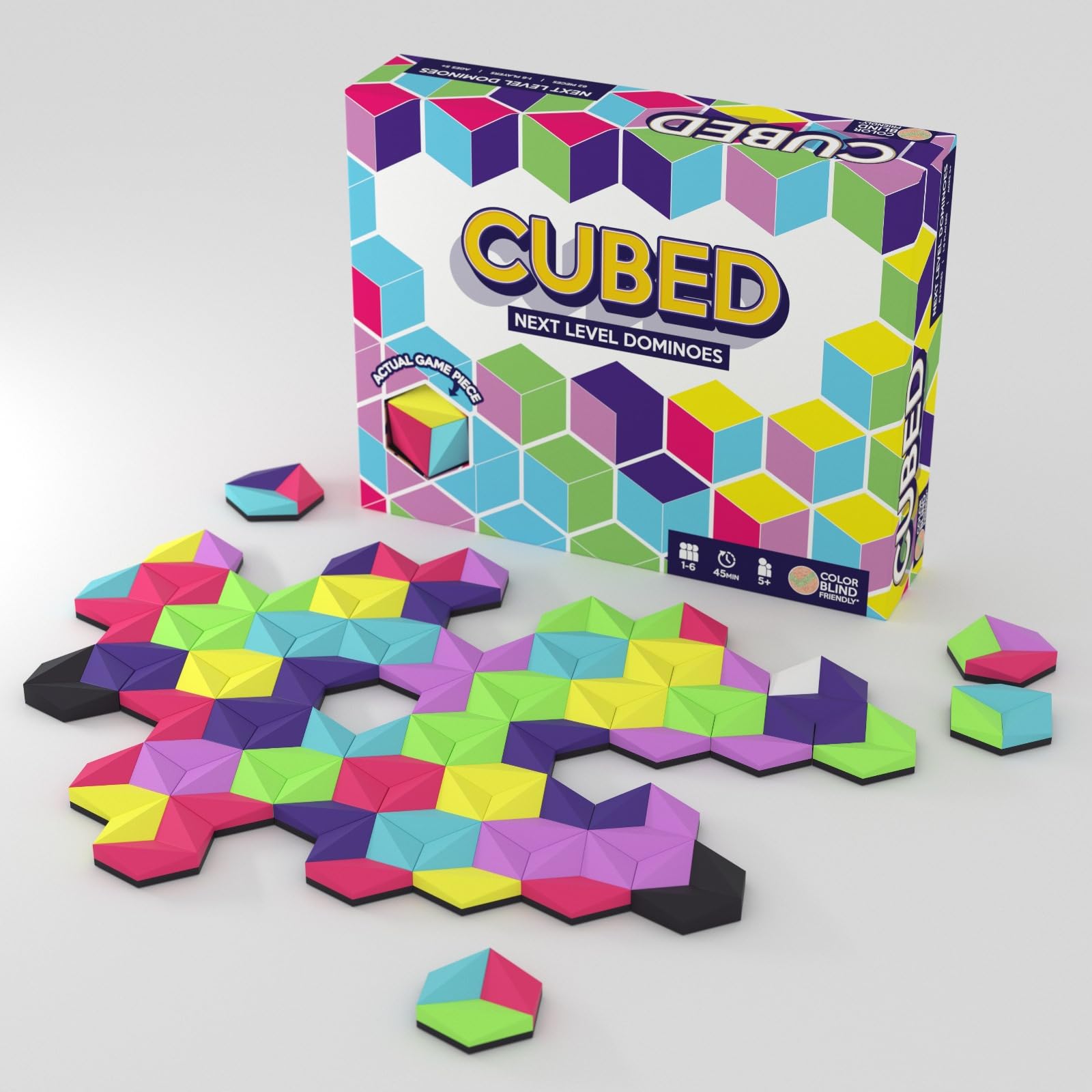 Bright, durable 3D pieces highlight the CUBED Family Edition design and tactile play experience.
