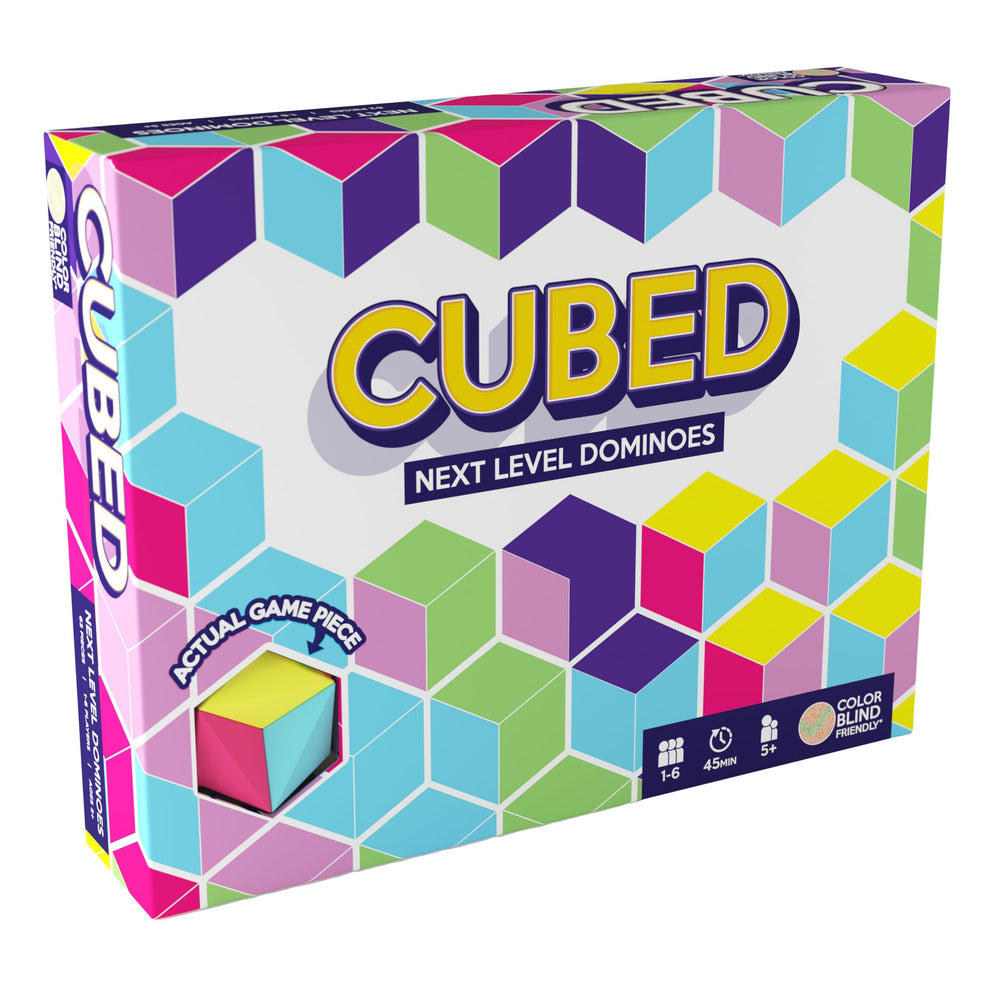 CUBED Next Level Dominoes Family Edition play scene shows 3D pieces for engaging family game night.