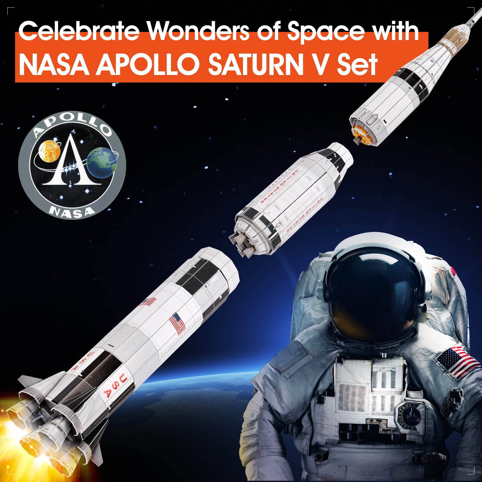 CubicFun NASA Saturn V 3D puzzle assembly showing multiple stages for hands-on learning