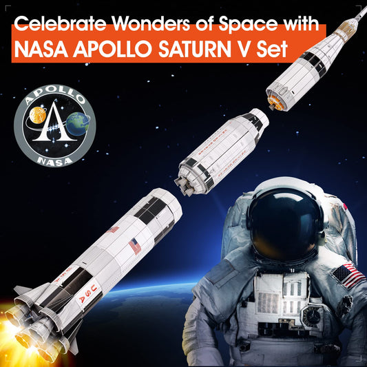 CubicFun NASA Saturn V 3D puzzle assembly showing multiple stages for hands-on learning