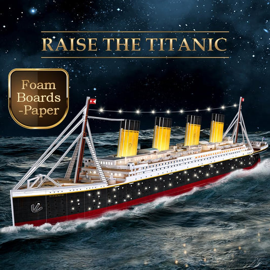 CubicFun Titanic 3D LED puzzle night illumination on deck.