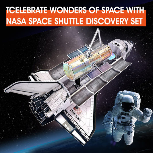 CubicFun puzzle display stand showing final mounted Space Shuttle Discovery model
