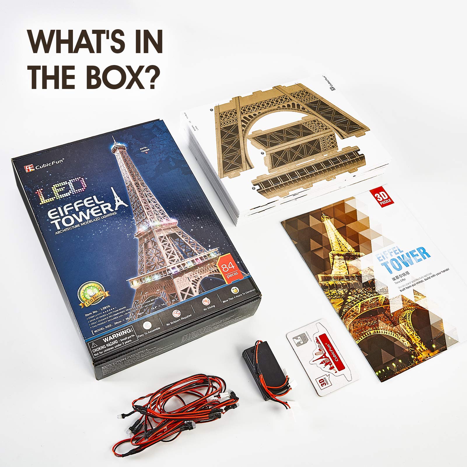 CubicFun Eiffel Tower puzzle kit supports about four hours of engagement.